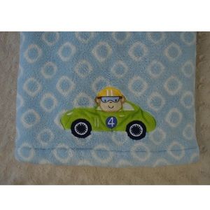 Carter's Monkey Racecar Baby Blanket Blue White Circles Rings Green Car Lovey